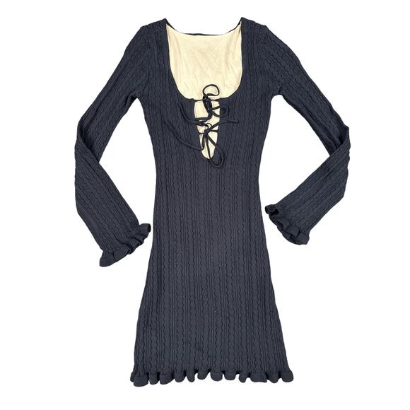 Tiger Mist - Florence Pointelle Knit Long Sleeve Mini Dress in Black - Picture 1 of 5